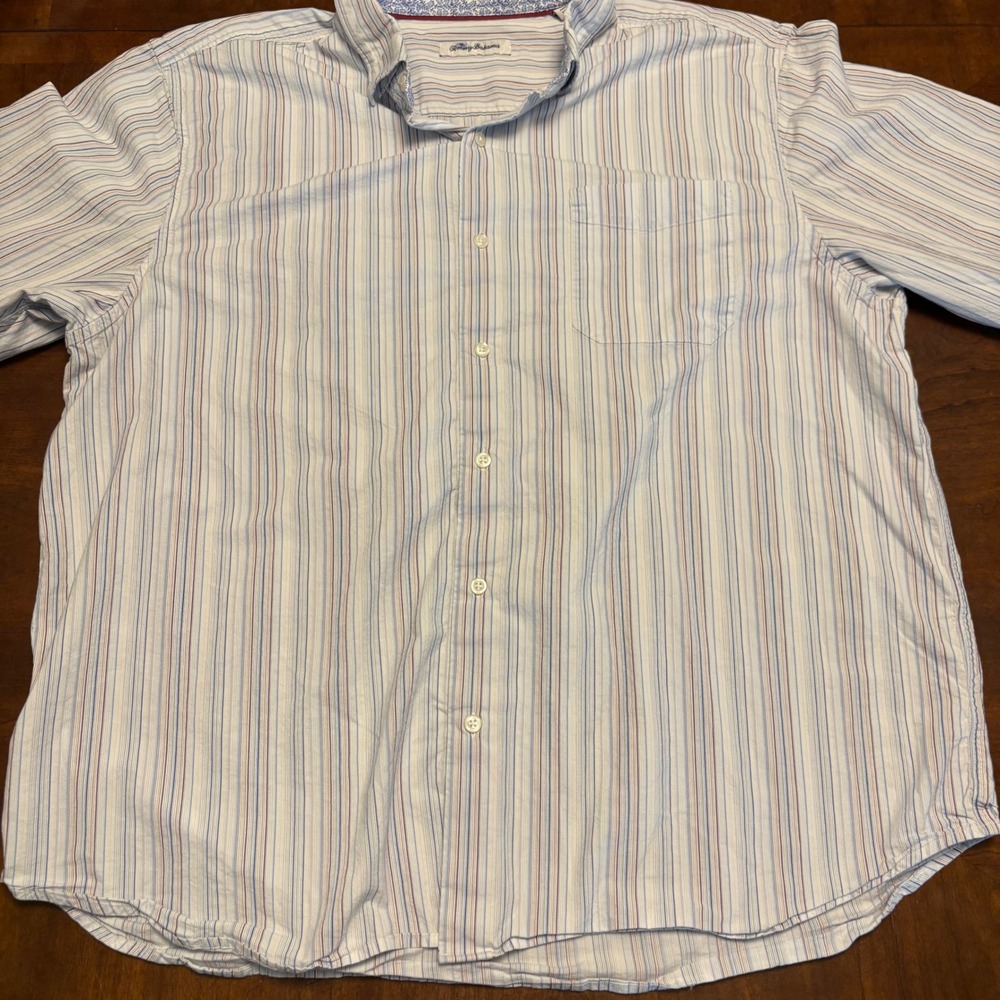 Tommy Bahama Button Down Shirt Mens XXL Blue Red White Striped Long Sleeve 0517